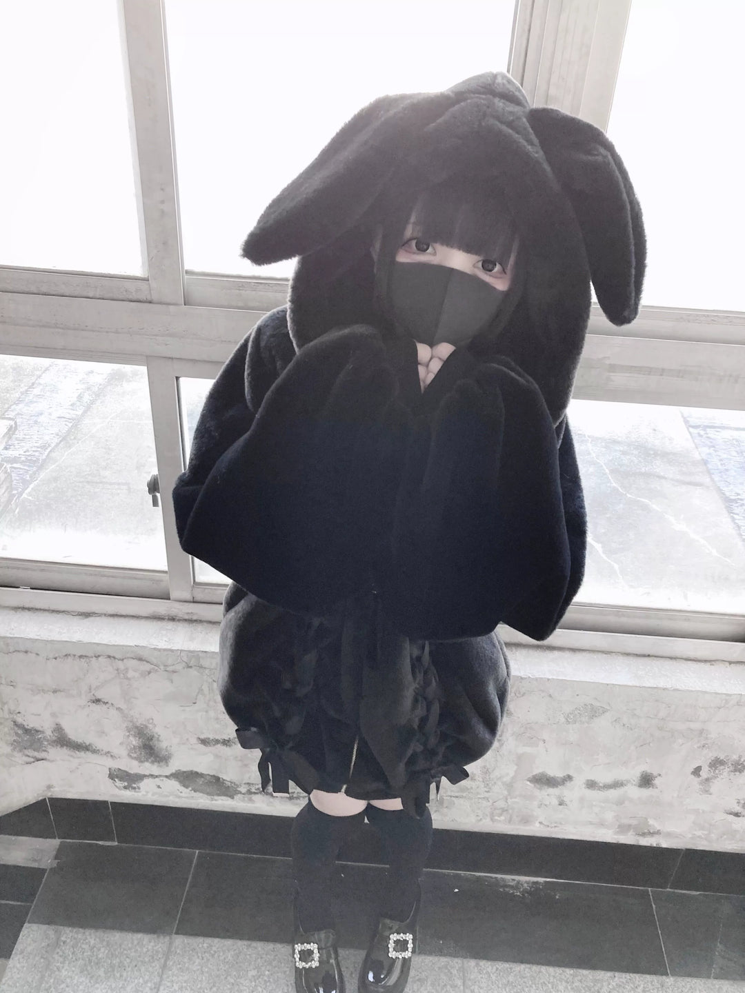 Jirai Kei Winter Coat Black Hooded Bunny Ears Fleece Coat 39524:626788