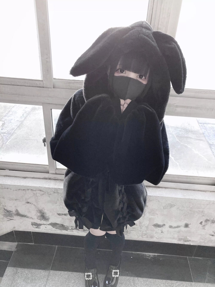 Jirai Kei Winter Coat Black Hooded Bunny Ears Fleece Coat 39524:626788