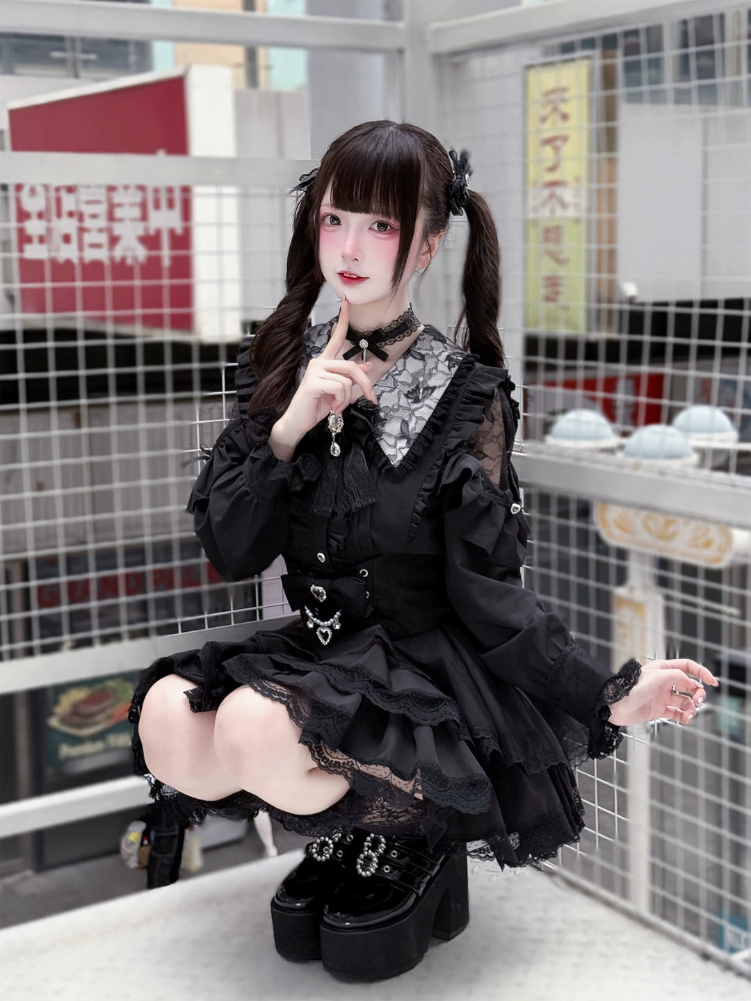 Jirai Kei Long Sleeve Blouse, Lace Open-Shoulder 44588:815081