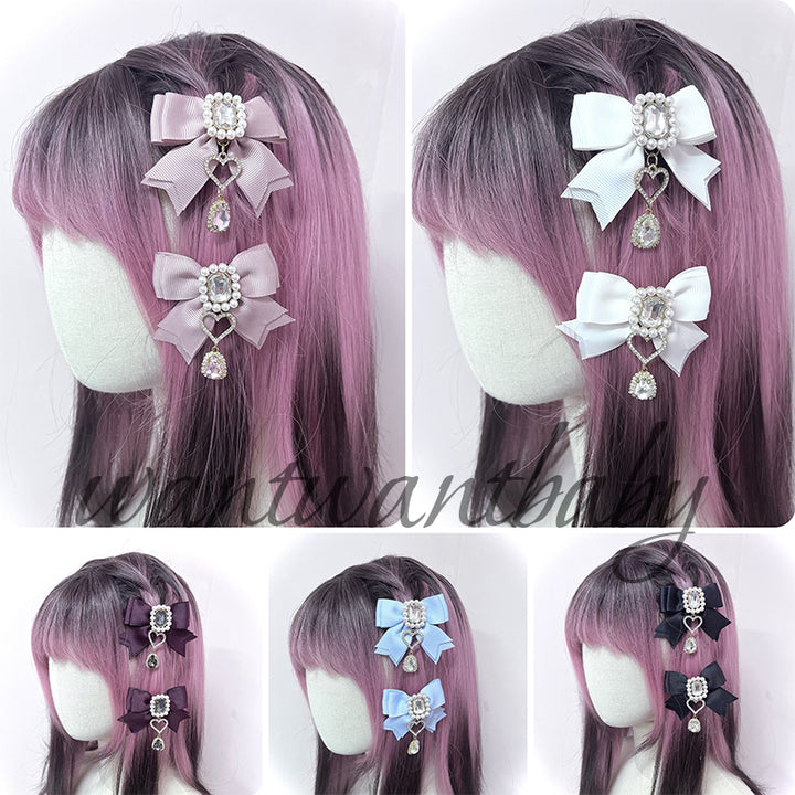 Ribbon Jirai Kei Hair Clips with Rhinestone And Pearl Detail 42436:740181