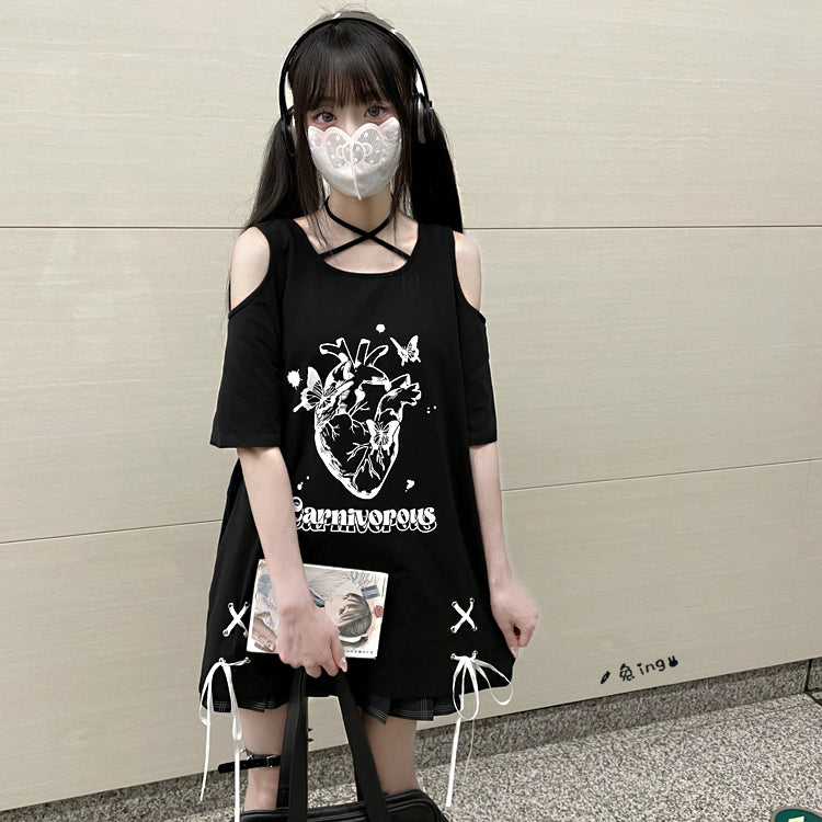 Jirai Kei Shirt Off-Shoulder Short Sleeve T-shirt 35530:495422