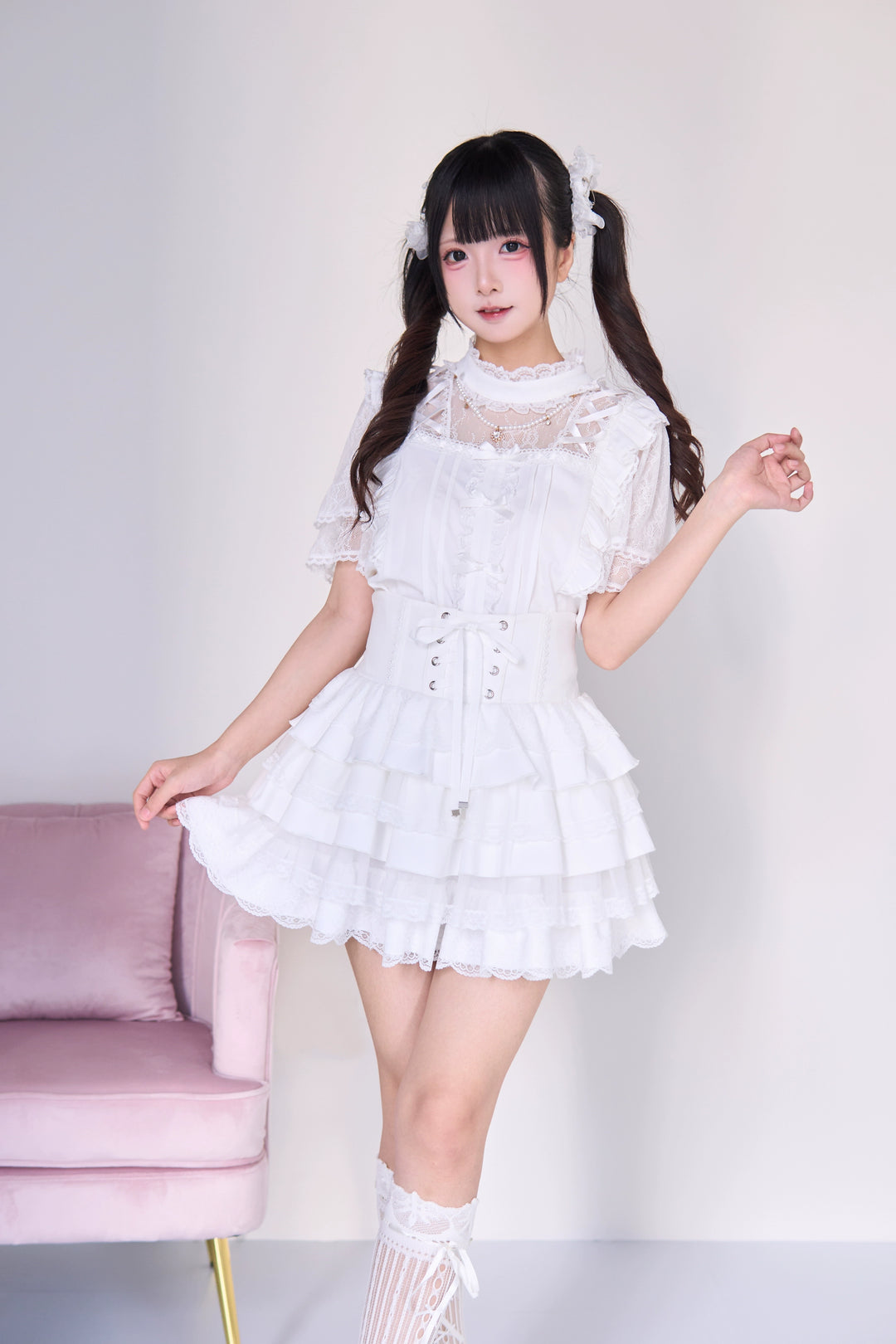 Jirai Kei Pearl Necklace Blouse, Lace-up Cake Skirt Set 43019:765671