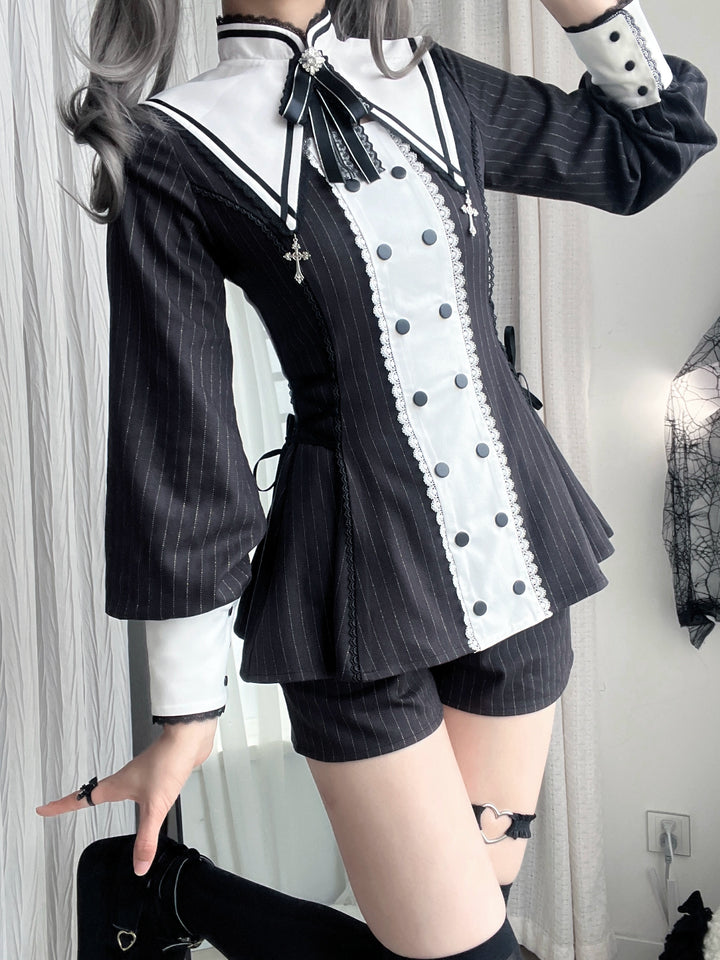 Striped Jirai Kei Set Up, Detachable Collar, Long/Short Sleeve Styles 43401:775824