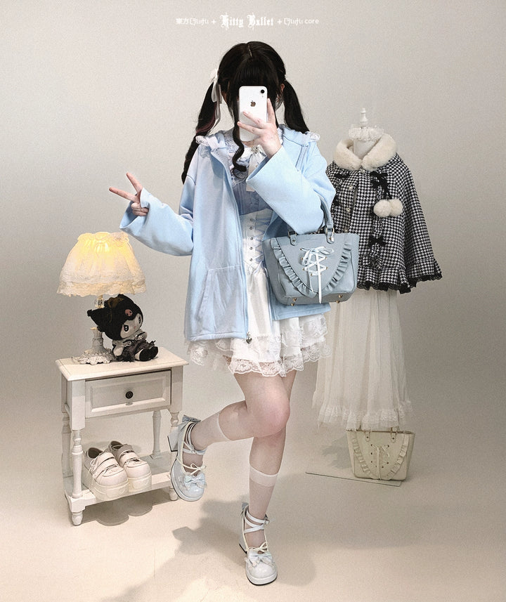 Kawaii Zipper Closure Jacket, Lace Bunny Ear 44002:792512