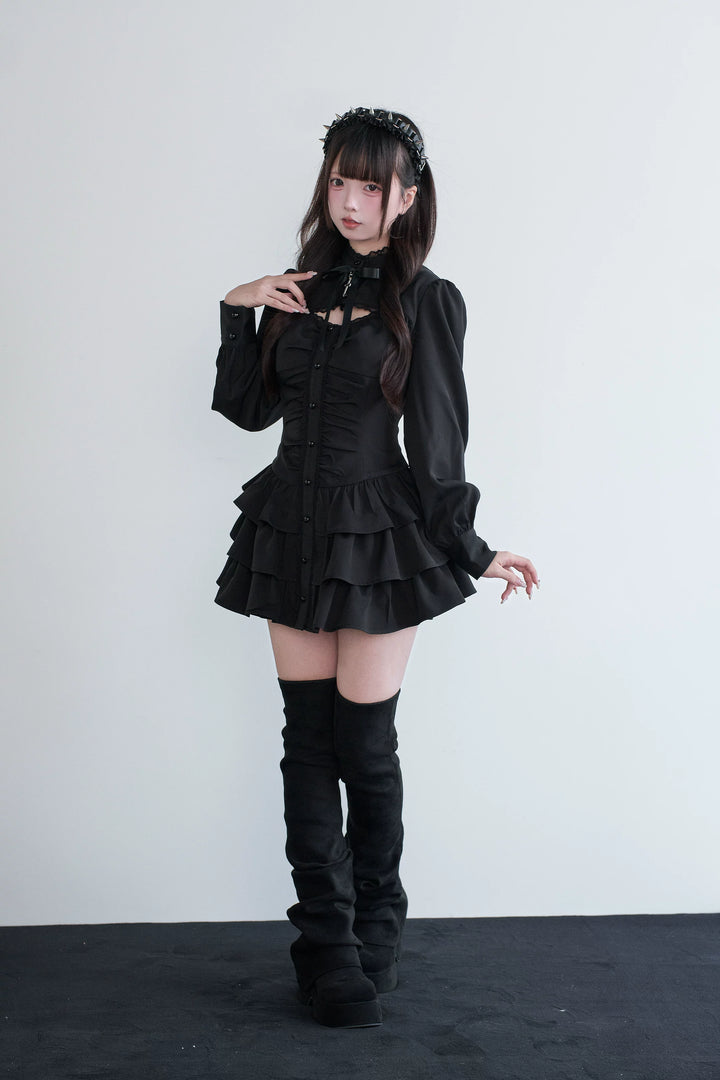 Black/Gray Jirai Kei Lace-Up Dress, Elastic Shorts 44329:806159