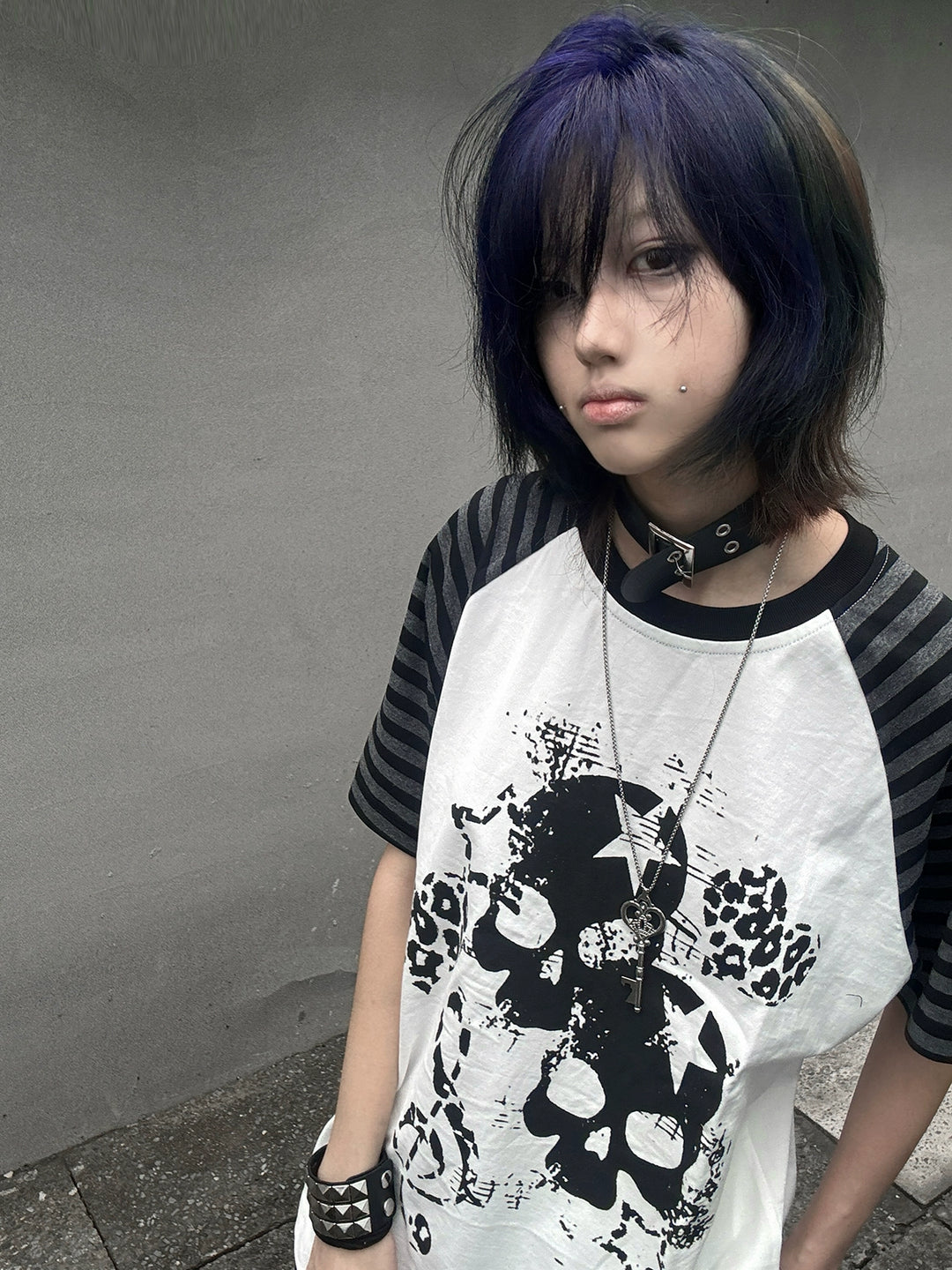 Cotton Subculture T-shirt, Gothic Skull & Leopard Heart Print 43225:771682