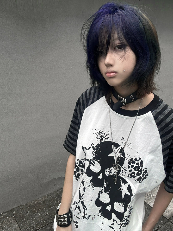 Cotton Subculture T-shirt, Gothic Skull & Leopard Heart Print 43225:771682