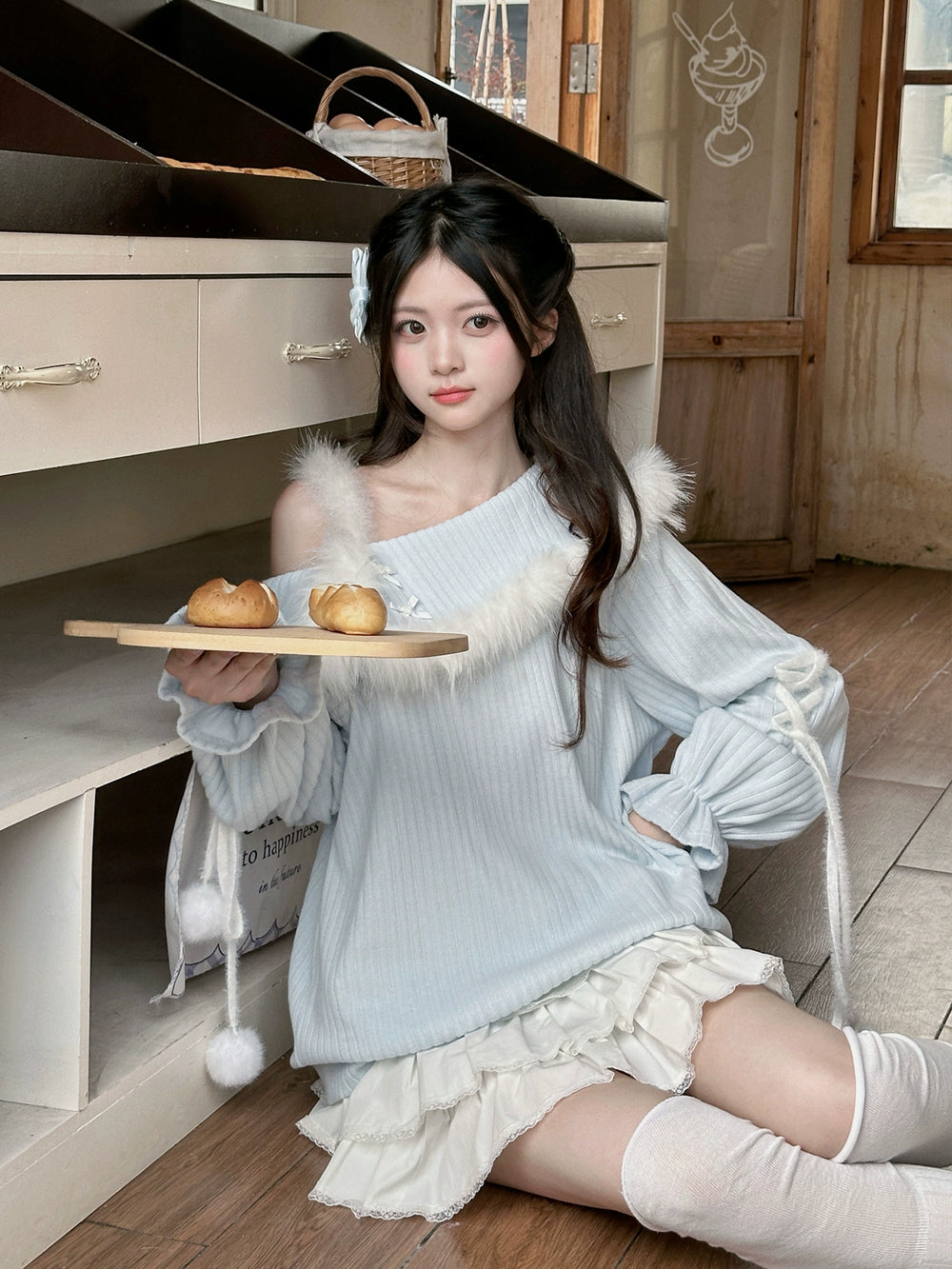 Sweet Blue One-Shoulder Sweater & White Tiered Skirt 43935:790924