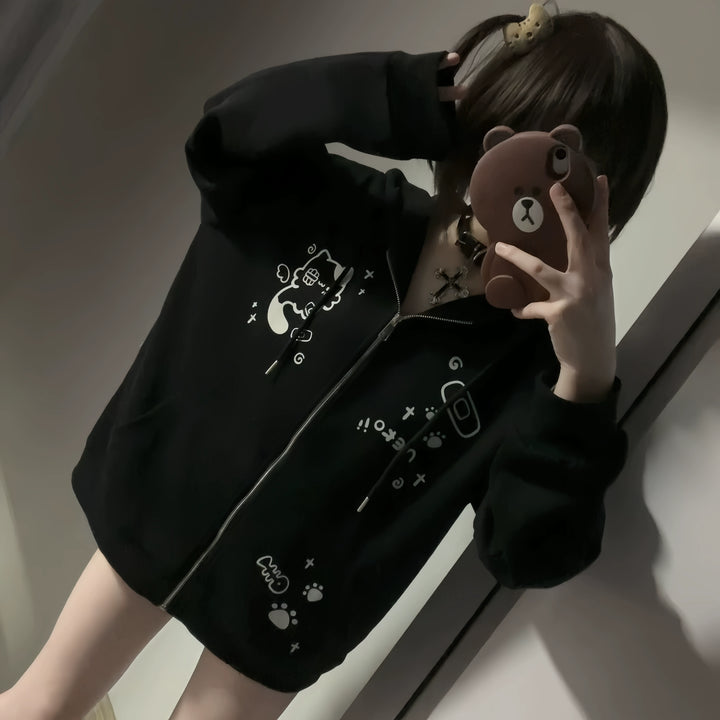 Kawaii Cat Ear Hooded Jacket, Bandage & Fishbone Print 43324:774191