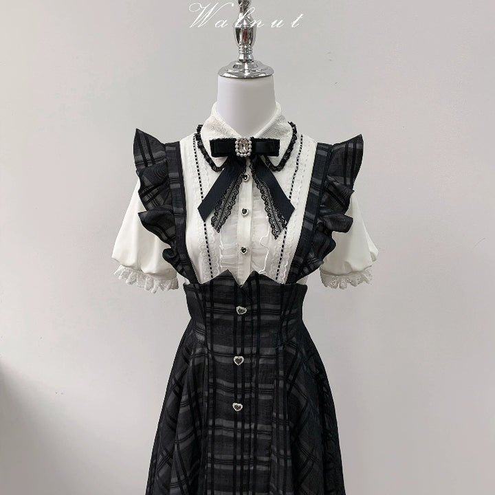 Black Plaid Jirai Kei Suspender Skirt, White Blouse 42918:757772