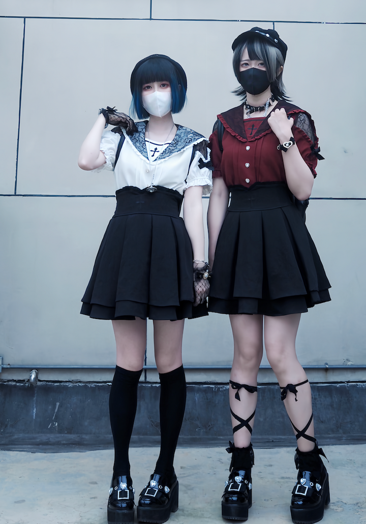Sailor Collar Jirai Kei Blouse, High Waist Skirt, Embroidered Cross 37118:552536