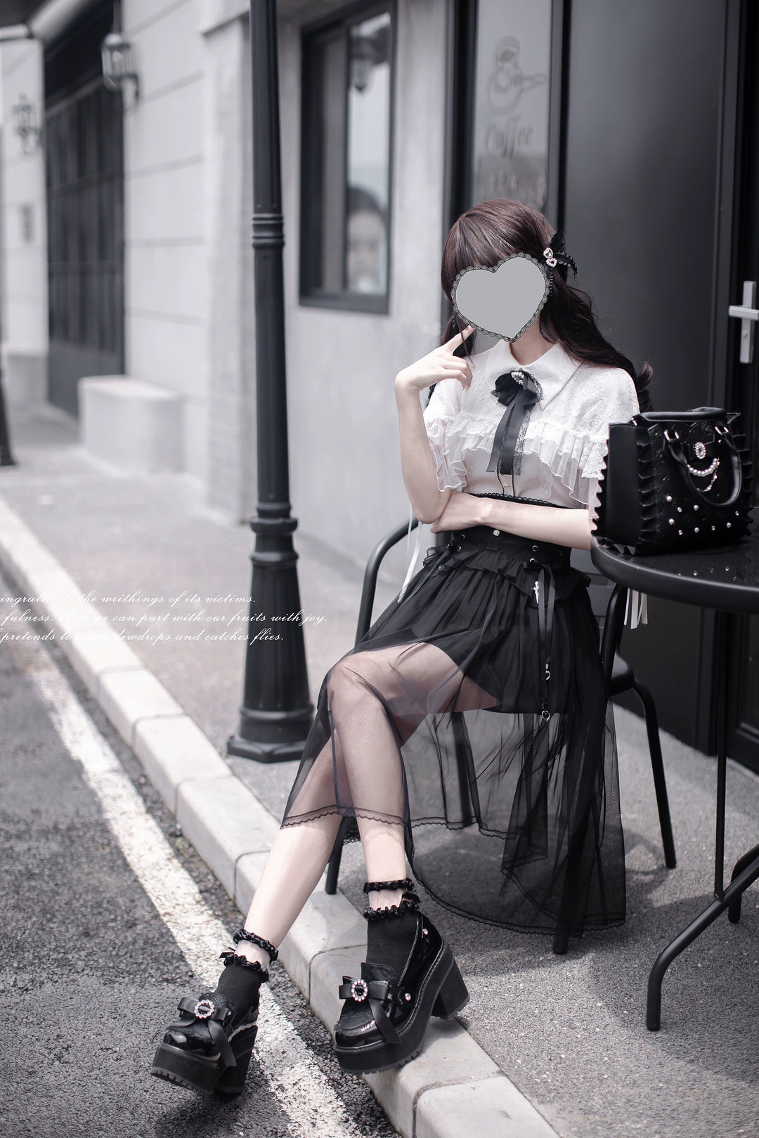Jirai Kei Cape-Styled Blouse, High-Waist Skirt With Veil Overlay 42919:775519