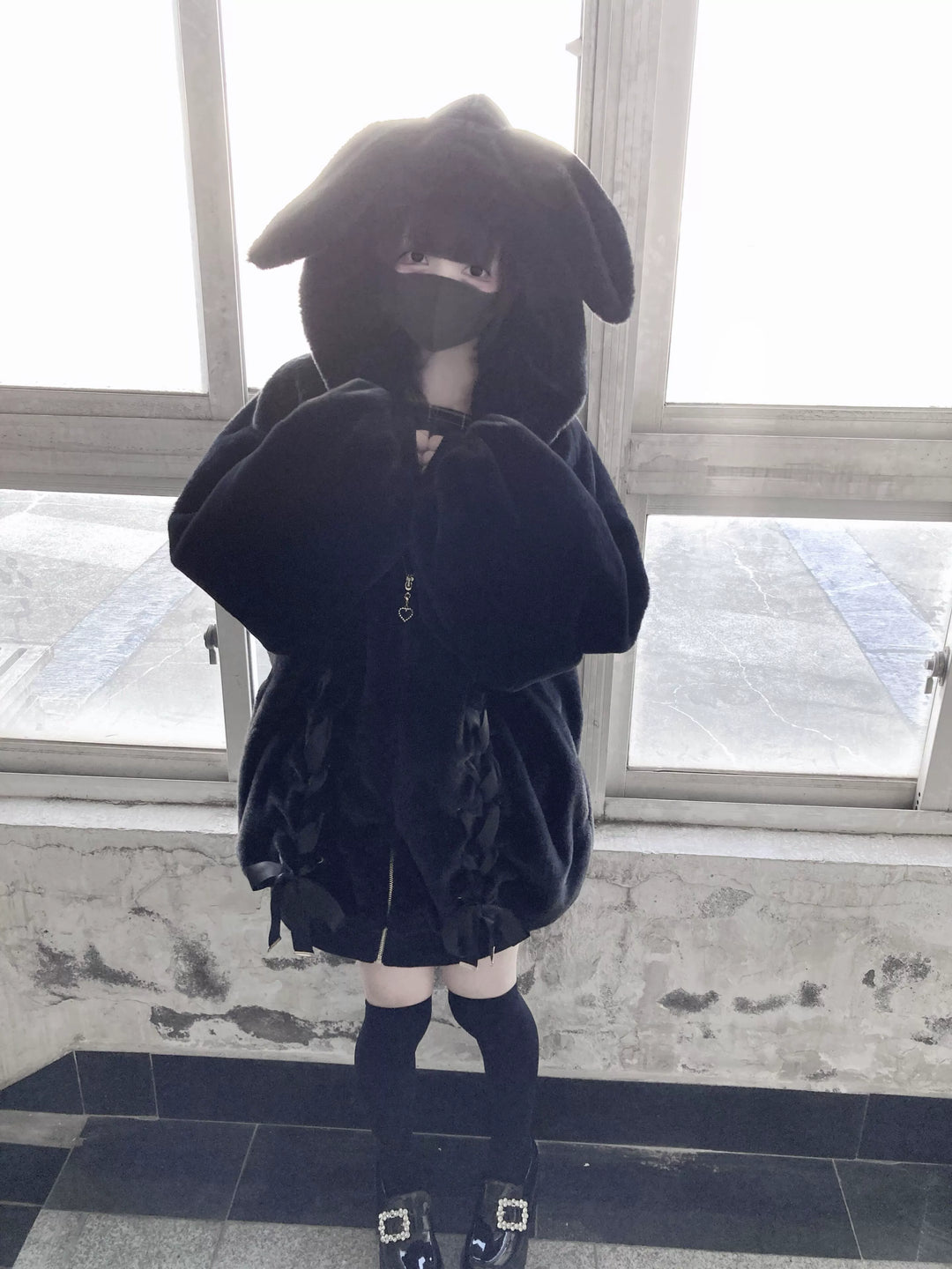 Jirai Kei Winter Coat Black Hooded Bunny Ears Fleece Coat 39524:626776