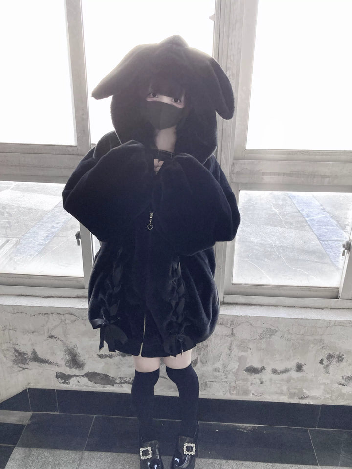 Jirai Kei Winter Coat Black Hooded Bunny Ears Fleece Coat 39524:626776