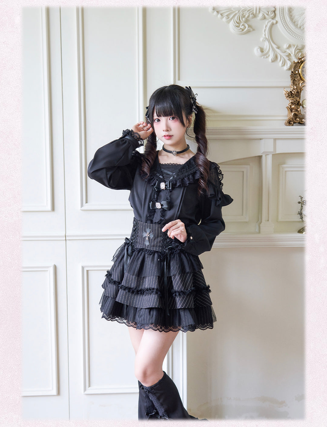 Sailor Collar Jirai Kei Blouse with Tulle Shoulder and Lace Frill 42523:744440
