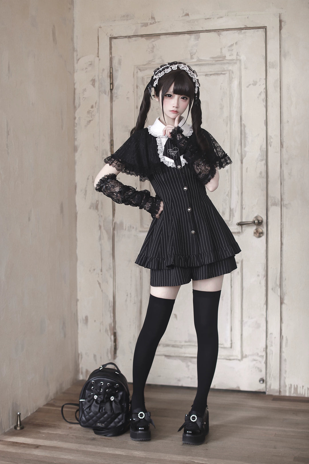 Jirai Kei Lace Shawl Dress Set, Detachable Tie 45193:840974