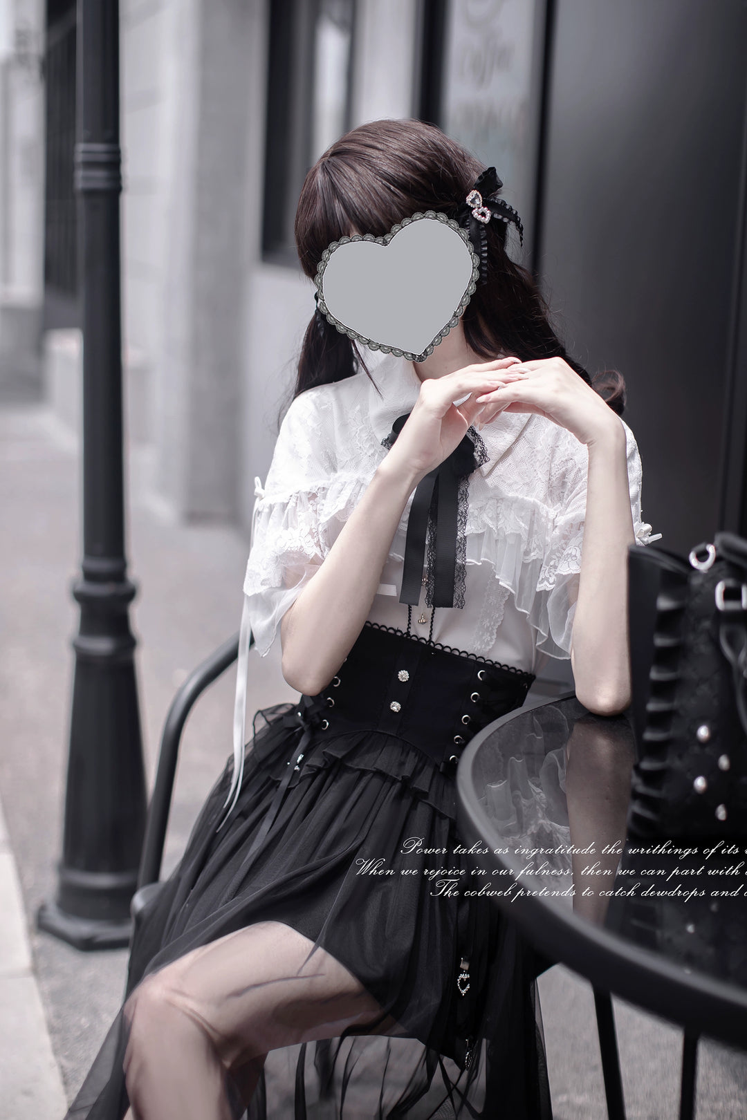 Jirai Kei Cape-Styled Blouse, High-Waist Skirt With Veil Overlay 42919:775518