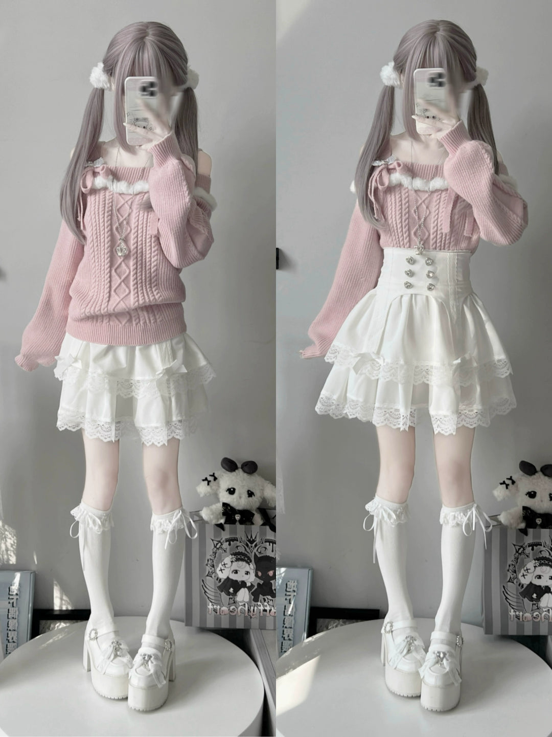 Jirai Kei Sweater Off-Shoulder Knot Bow Sweater (L M / Pink) 39722:634240