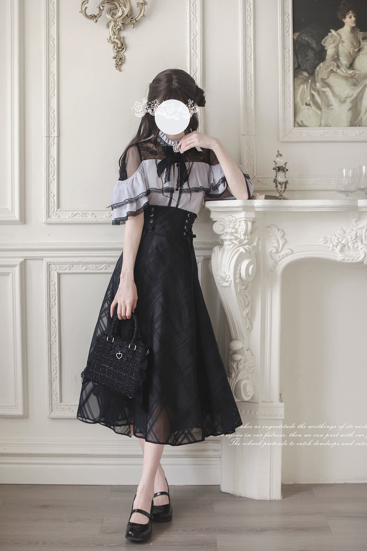 Black Maxi Jirai Kei Skirt, Purple Cape Blouse 43111:766071