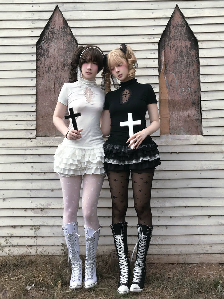 Gothic Cross-Detailed T-shirt & Tiered Ruffle Bloomers 43079:764535