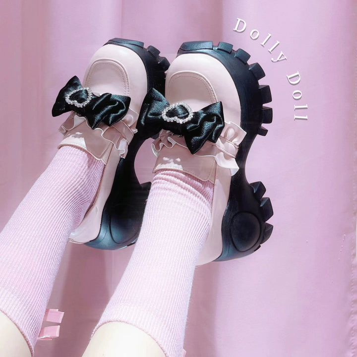 JK Uniform Pink Black Platform Shoes With Bow Ties 21892:332020