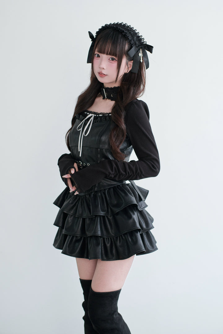 Jirai Kei Strappy Mini Dress, Tiered Ruffles 44328:805453