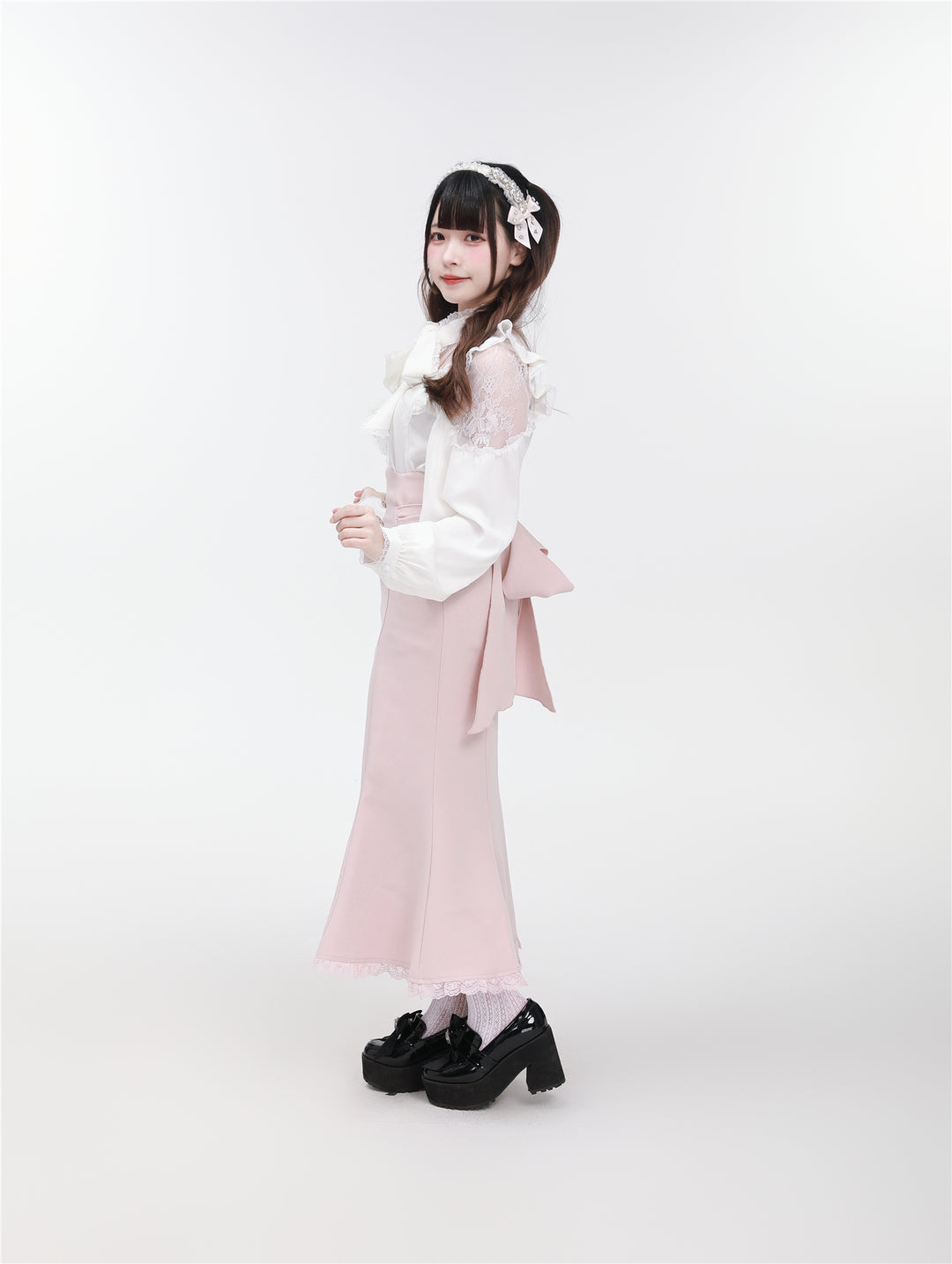 Jirai Kei Stand Collar Shirt with Lace Shoulder And Ribbon 42748:751796