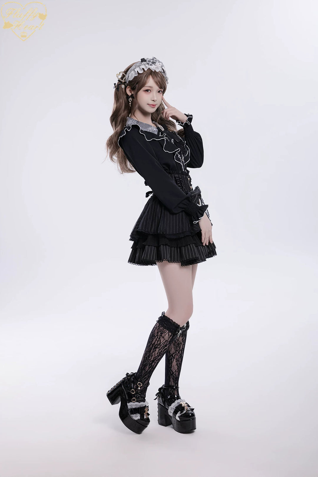 Jirai Kei Long-Sleeved Shirt, Ruffled Collar 45128:835593