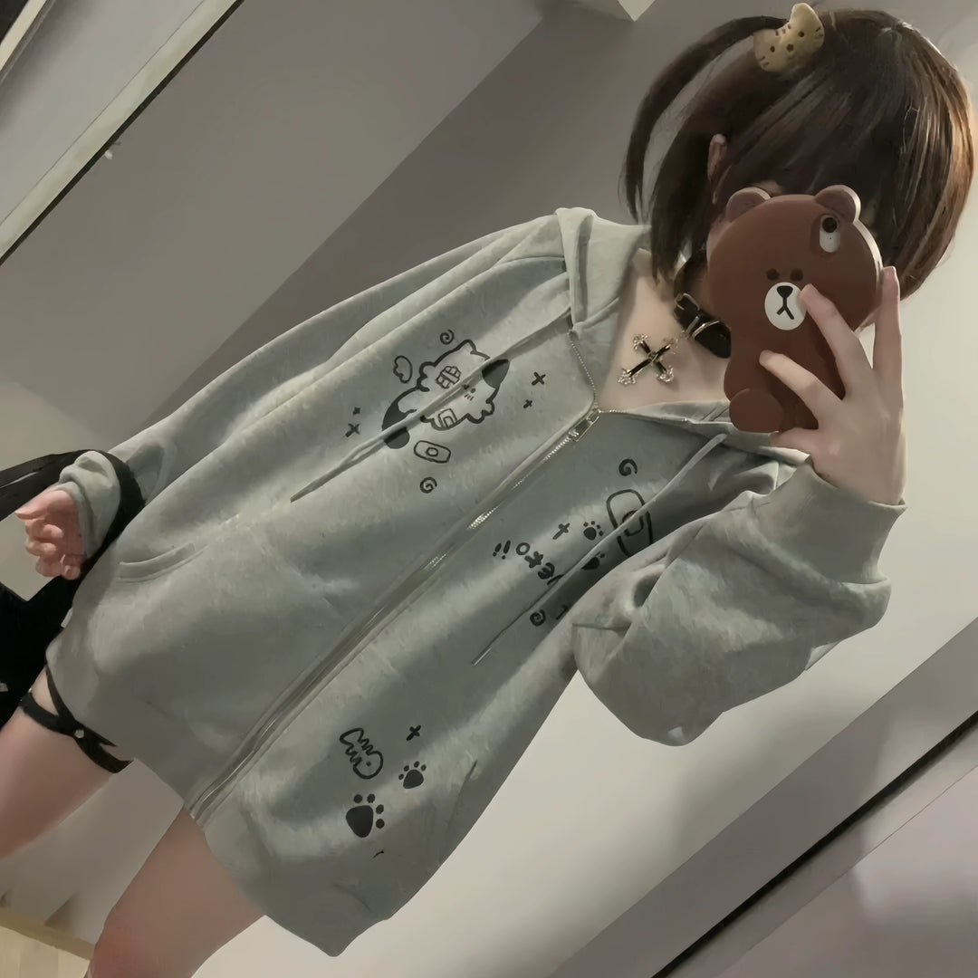 Kawaii Cat Ear Hooded Jacket, Bandage & Fishbone Print (L M XL) 43324:774185