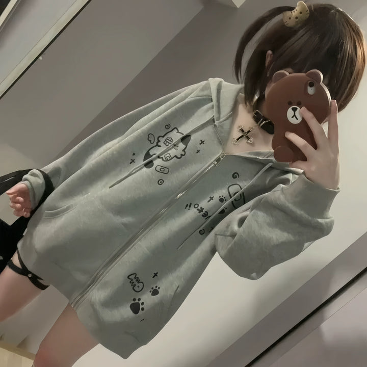 Kawaii Cat Ear Hooded Jacket, Bandage & Fishbone Print (L M XL) 43324:774185