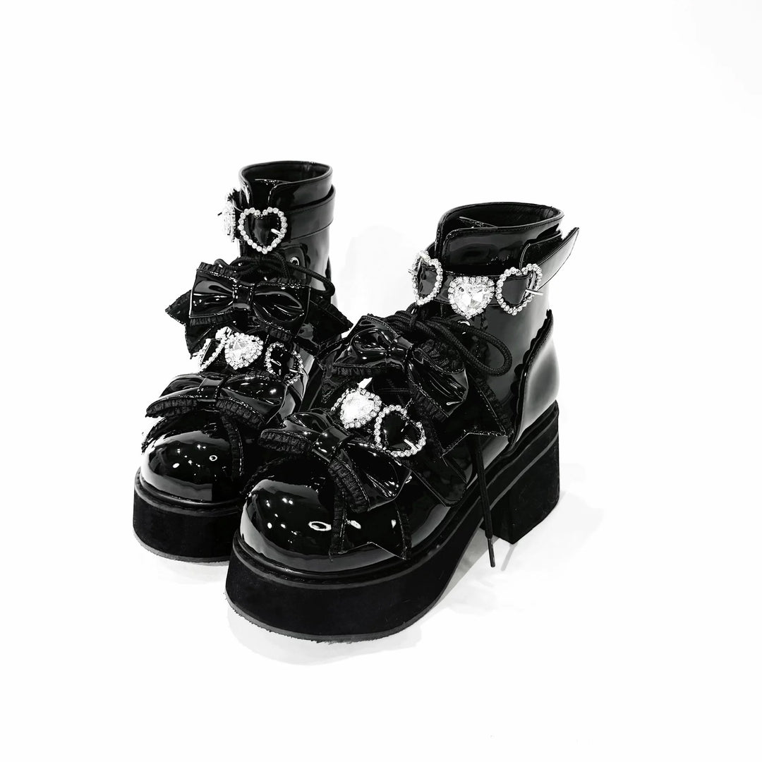 Jirai Kei Heeled Ankle Boots, Heart Rhinestone & Bows (35 36 37 38 39 40 41) 45865:873157