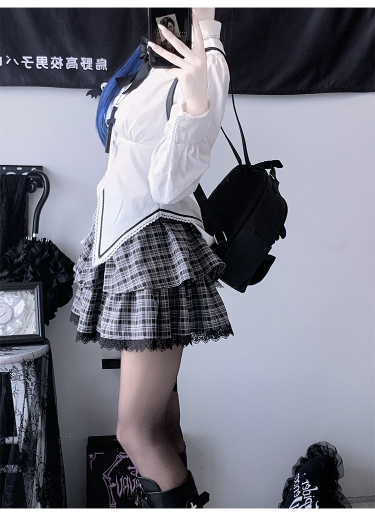 Gothic Outfit Black Jacket White Blouse Plaid Tiered Skirt 42237:735508