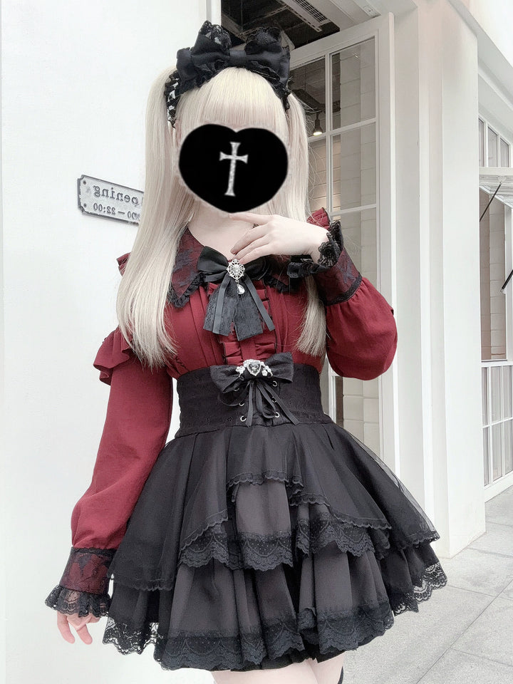 Jirai Kei Long Sleeve Blouse, Lace Overlay and Heart Buttons 44589:815190