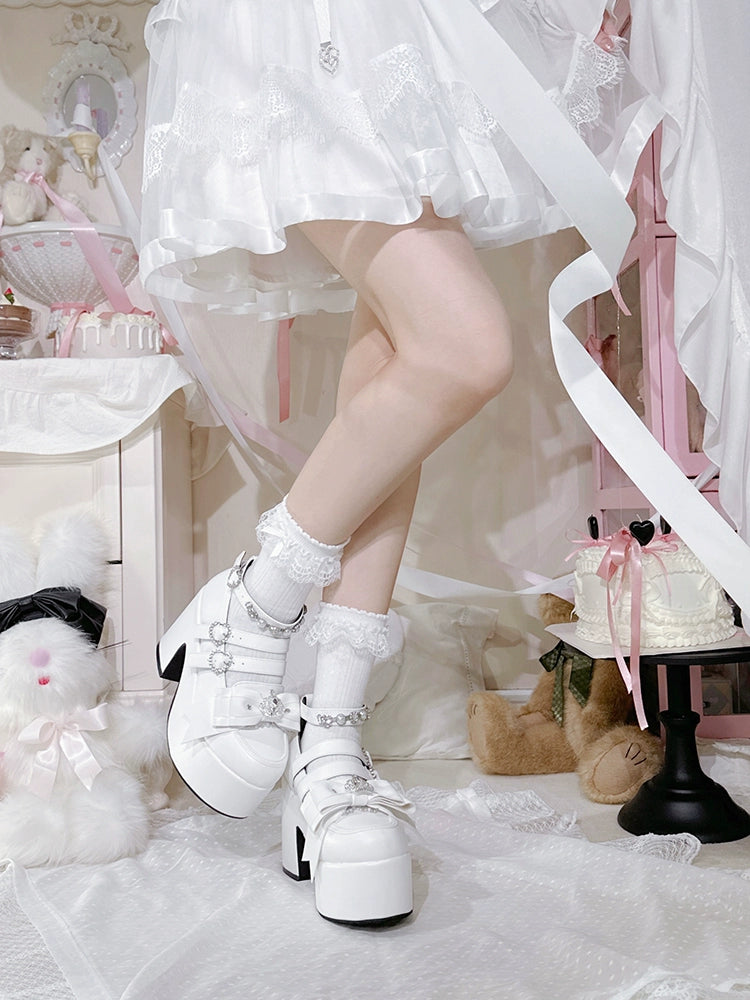 Jirai Kei Platform Shoes, Glittering Rhinestone, Chunky Heel 43247:775778