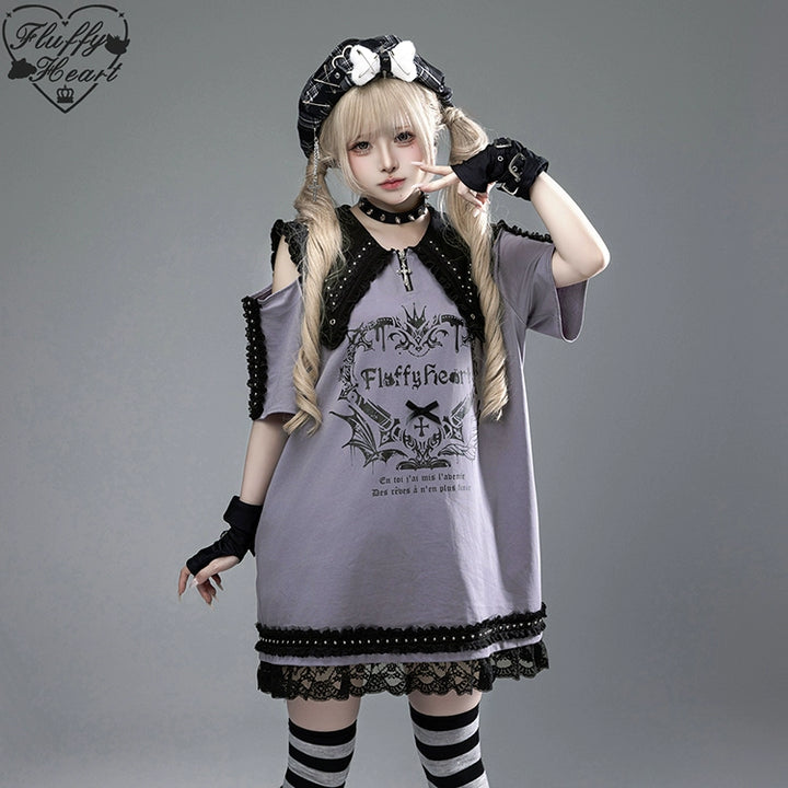 Cotton Sub Jirai Kei T-Shirt Dress, Pointed Collar, Open Shoulder (L M S) 43373:774852