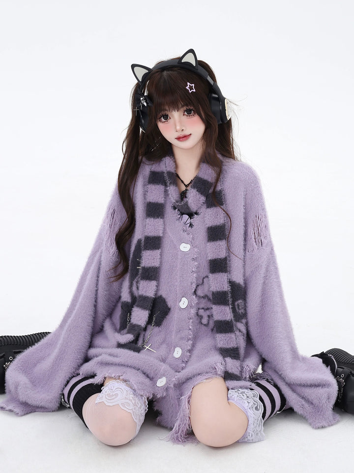 Jirai Kei Sweater Irregular Hem Cardigan With Striped Scarf 40922:680430