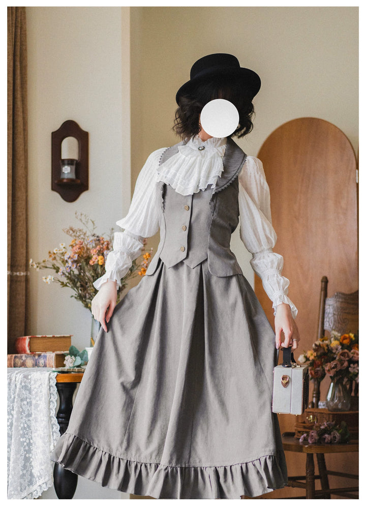 Classic Lolita A-Line Skirt + Button-Front Vest + White Blouse 40944:770413