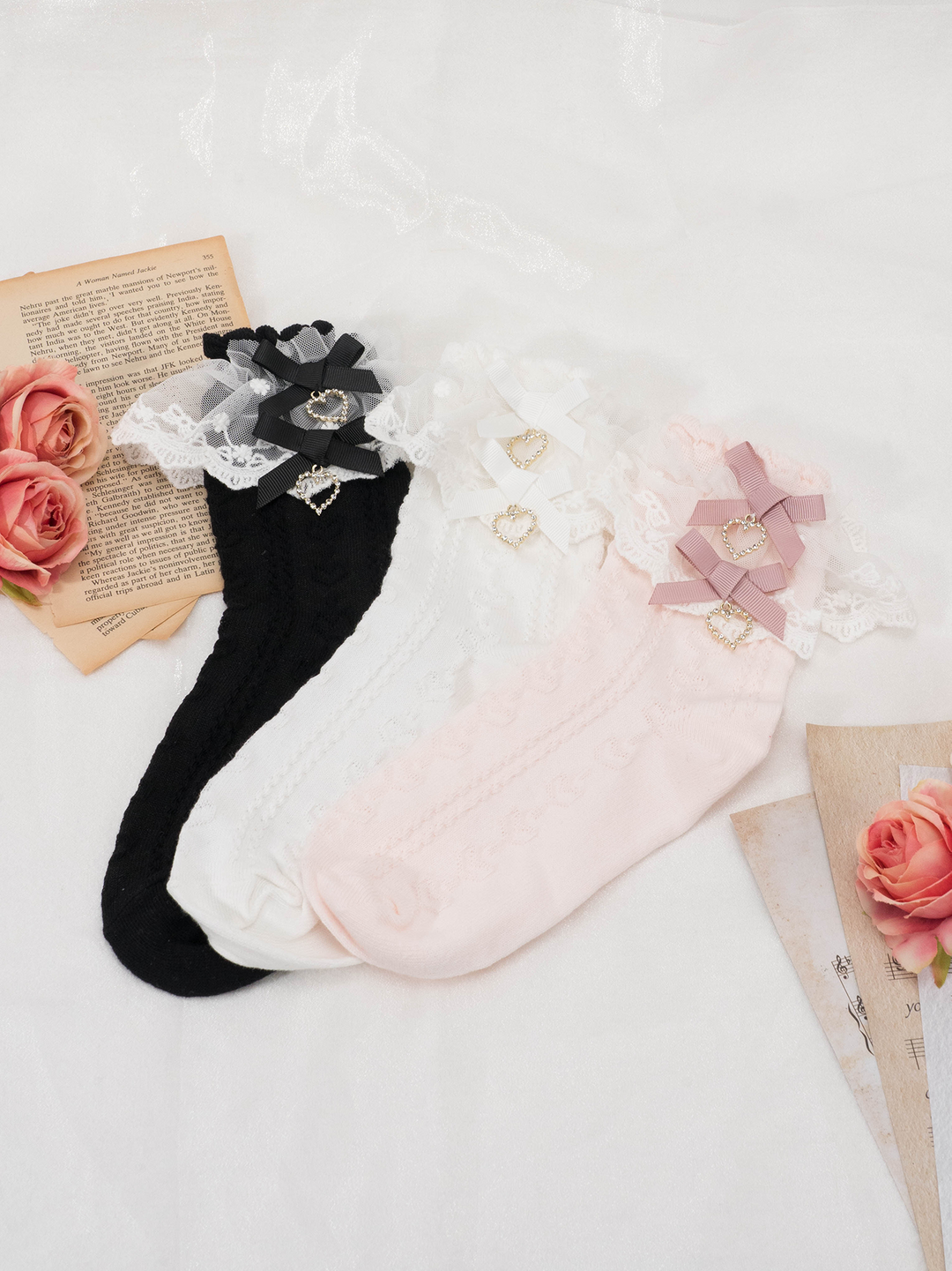 Lolita Mid-Calf Socks With Heart-shaped Rhinestone And Bow 21594:310992