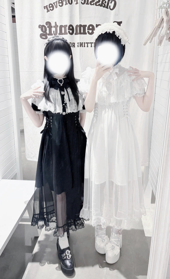 Long Jirai Kei Lace Cape Dress, Detachable Sleeves 43590:780589