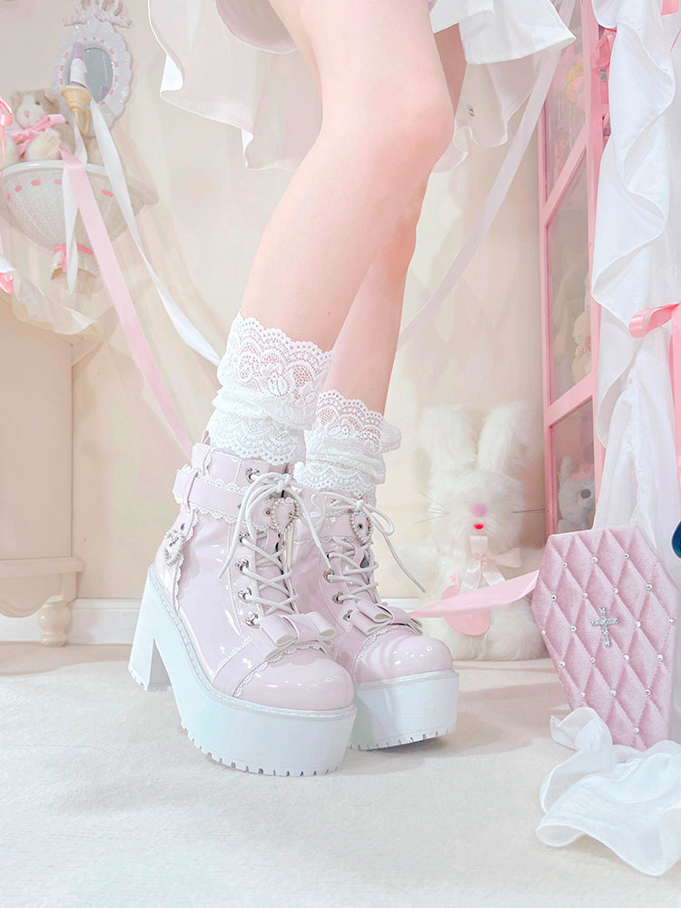 Jirai Kei Shoes Ankle Boots with Heart-shaped Pearl Buckle Detail 42651:749002