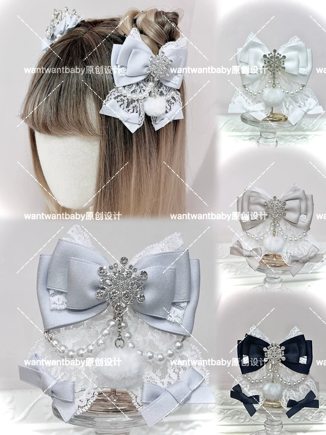 Ryousangata Ribbon Bow Hair Clips, Snowflake Rhinestone 44196:803517
