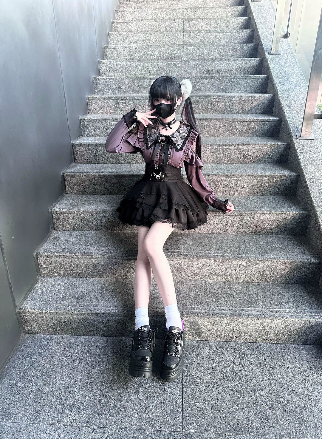 Jirai Kei Tiered Tuffles Skirt, Elastic High-Waist 44587:814548