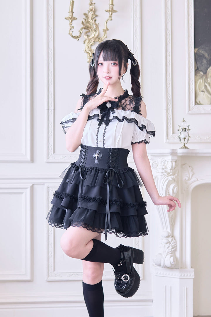 Jirai Kei Blouse with Hallow-out Upper & Rhinestone Bow Tie 42893:757701