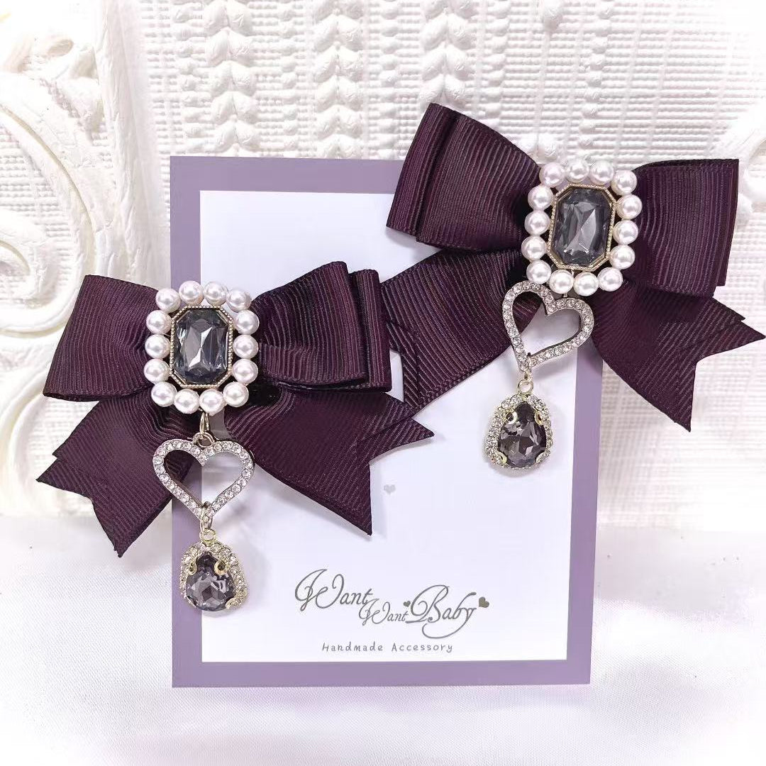 Ribbon Jirai Kei Hair Clips with Rhinestone And Pearl Detail 42436:740183