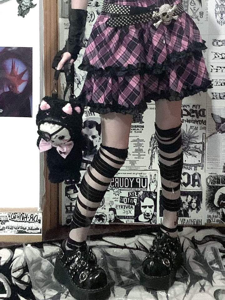 Punk Plaid Skirt Pink Blue Skirt Bow Layered Ruffle Skirt 33818:445962 33818:445962