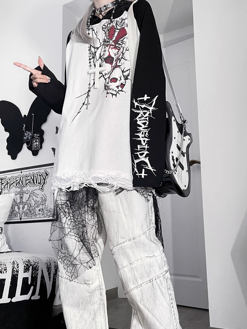 Gothic Cotton Hooded Shirt, Skull Printed 43876:788946