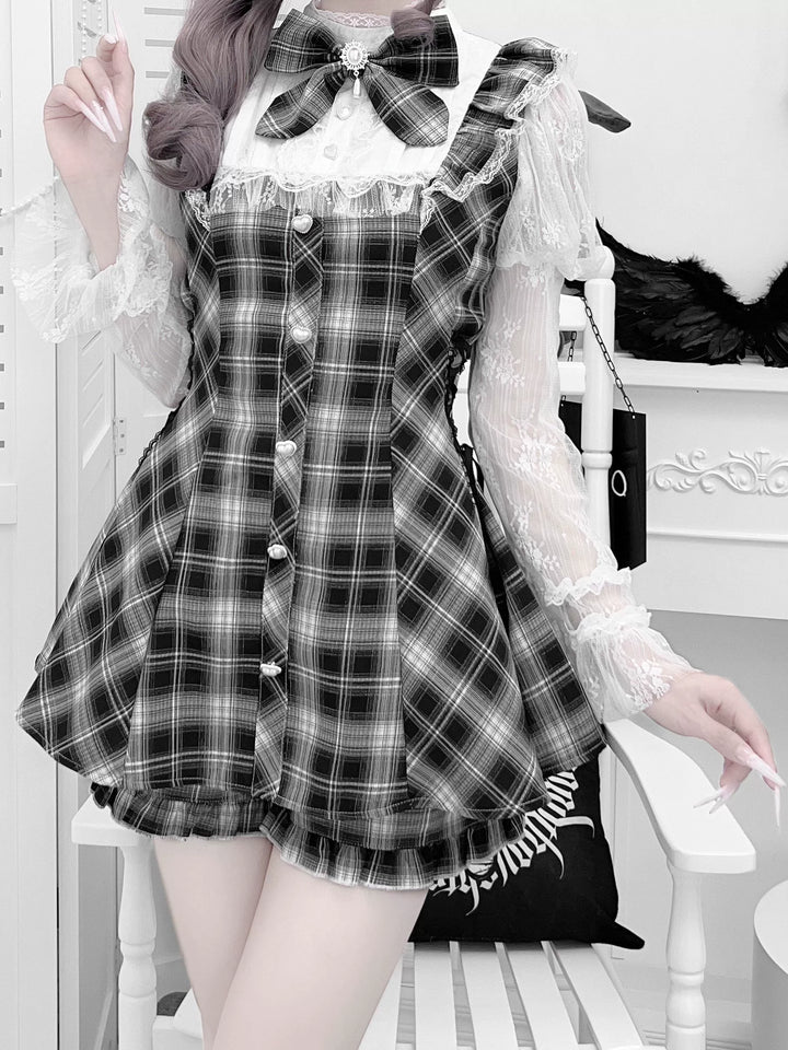 Lace Julie Sleeve Jirai Kei Dress, Elastic Waisted Shorts, Pocket 43578:780326