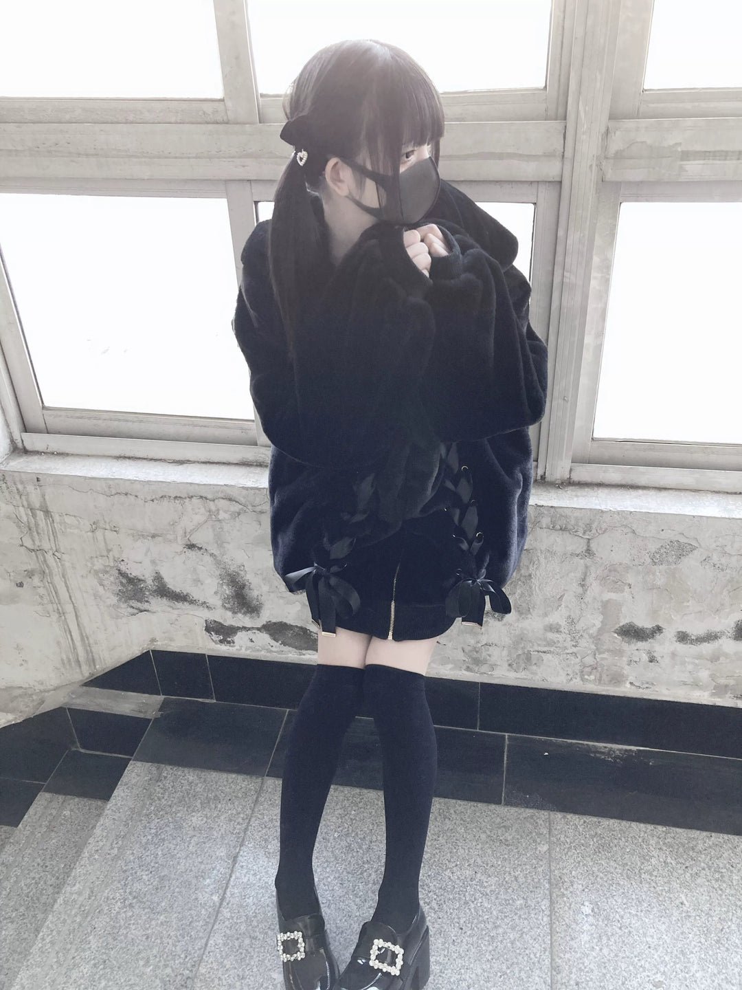 Jirai Kei Winter Coat Black Hooded Bunny Ears Fleece Coat 39524:626756