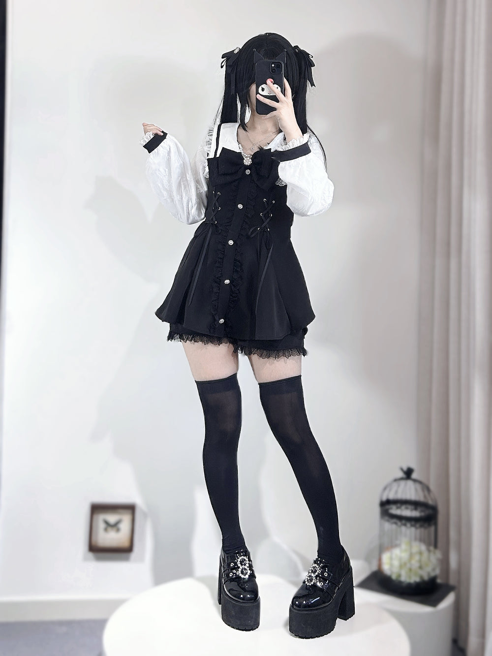 Lace-up Jirai Kei Dress Set with Lace and Rhinestone Button (Black / 2XL 3XL L M S XL) 42784:752959