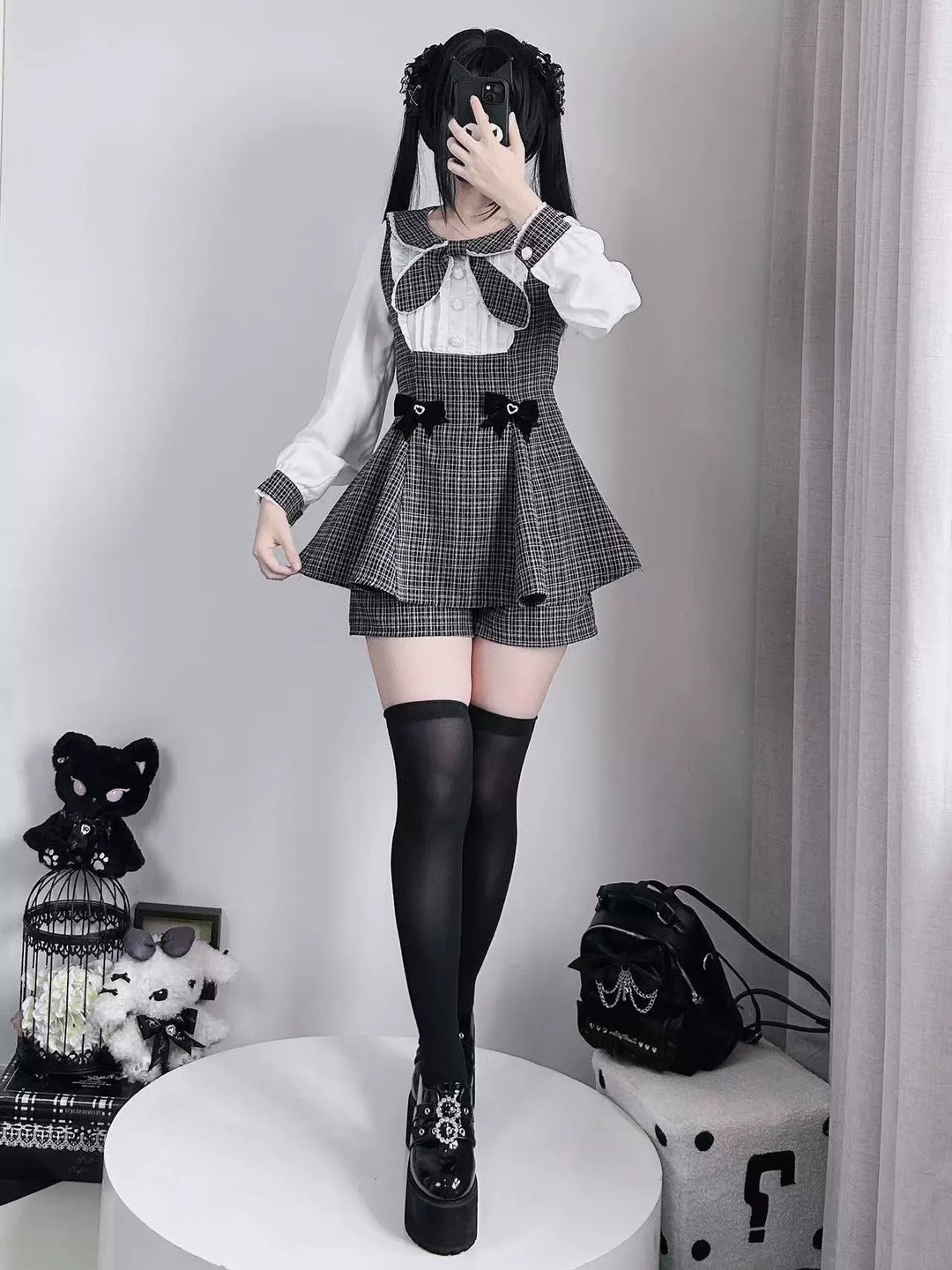 Jirai Kei Set Up Long Sleeve Bow Parisian Chic Dress Shorts 41030:684754